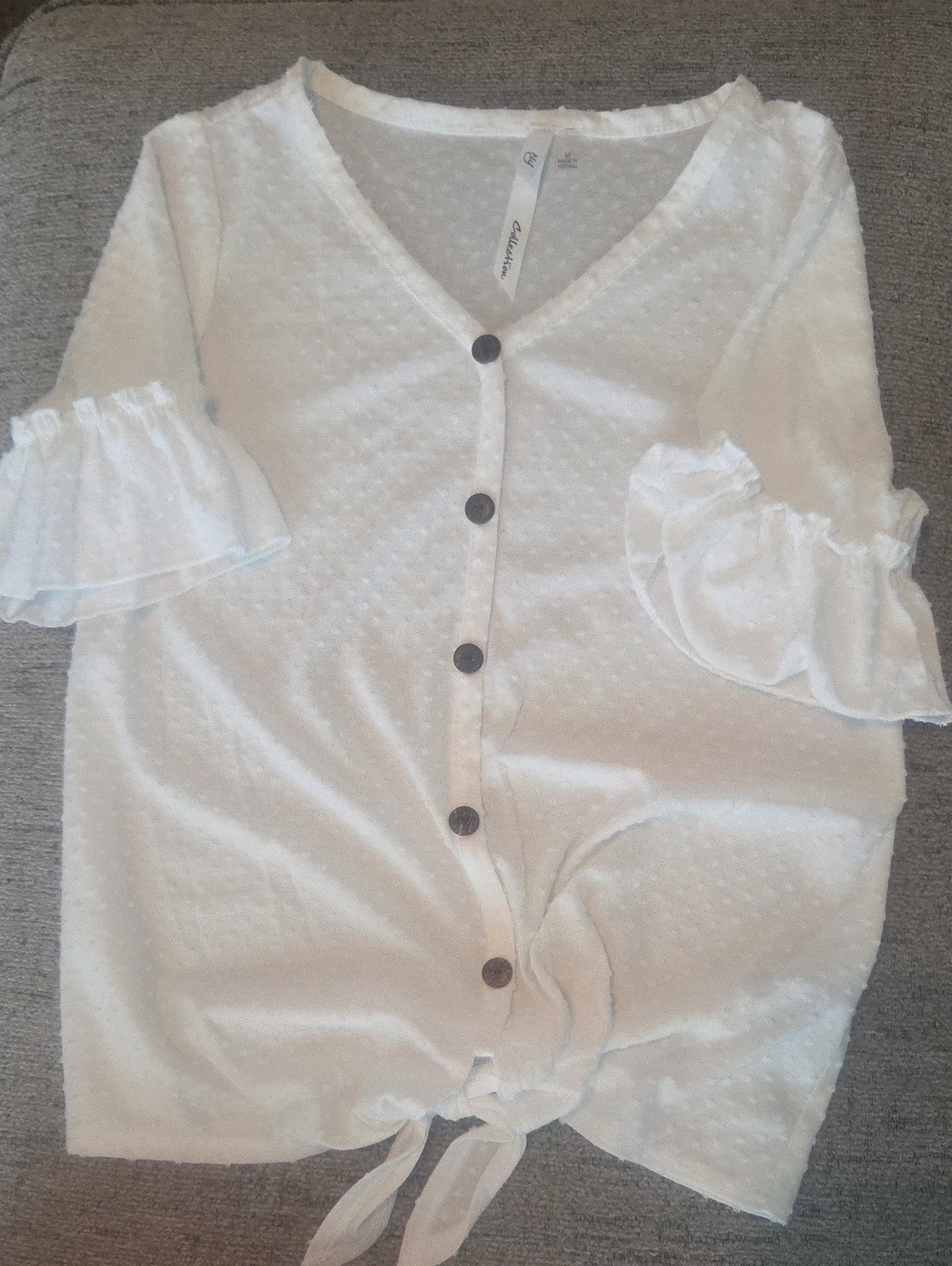 White Swiss Dot Button-Front Tie Hem Women's Top